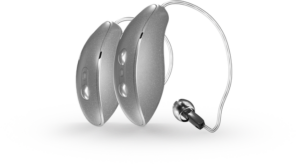 Official Starkey Omega AI receiver-in-canal hearing aids on a light background