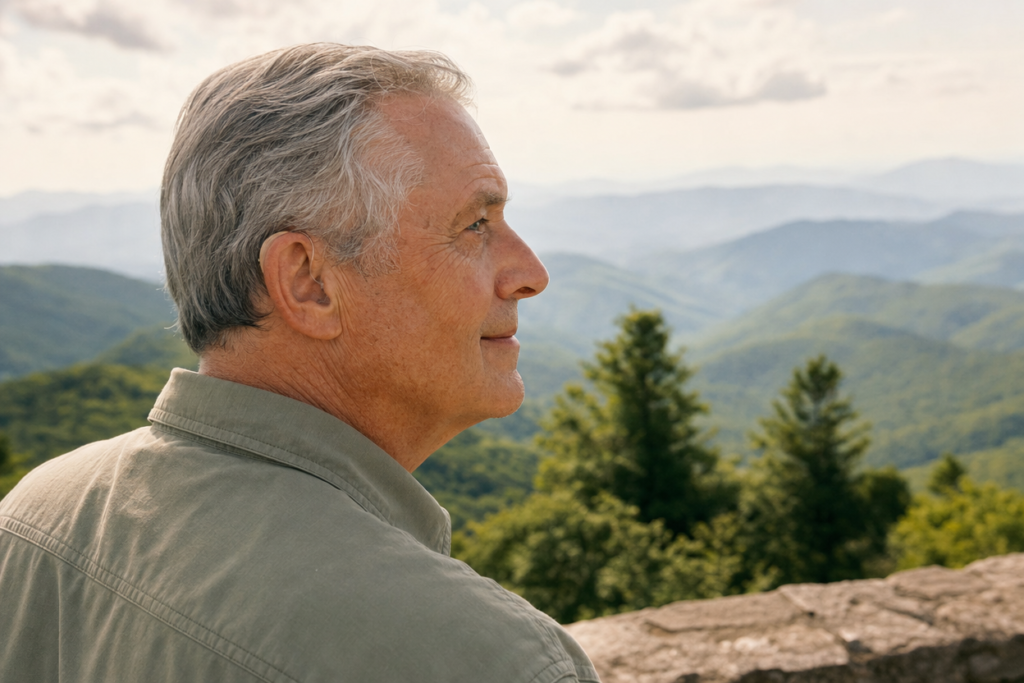 Older man wearing a hearing aid standing at a Blue Ridge Parkway overlook with green Appalachian mountain ridges in summer haze