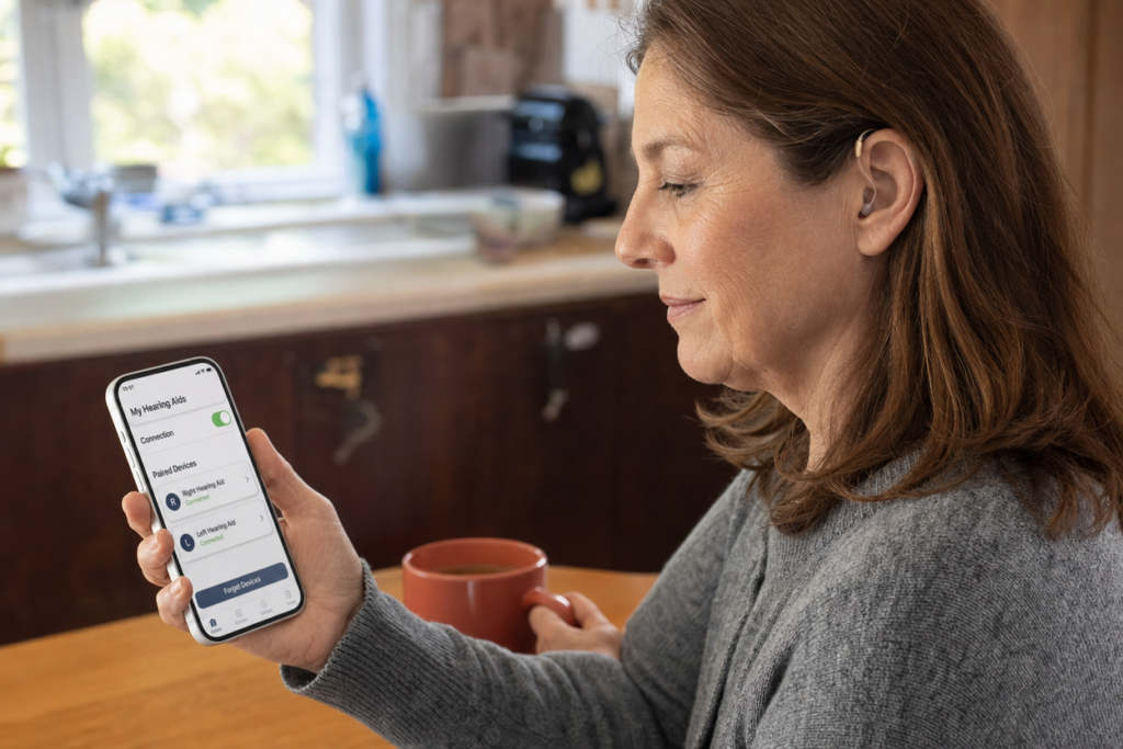 Woman in her fifties wearing a hearing aid holding a smartphone displaying a Bluetooth pairing app in a sunny kitchen
