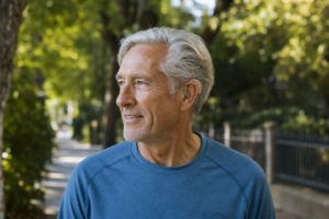 Older man wearing a hearing aid mid-stride on a morning walk through a leafy residential neighborhood