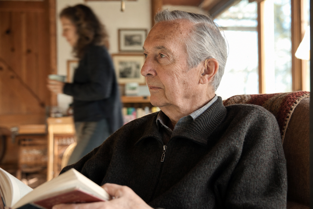 Older man wearing a hearing aid reading in a warm armchair beside a sunlit window with an adult daughter in soft focus
