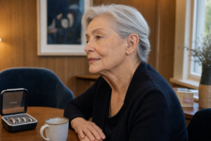 Woman in her seventies wearing a hearing aid seated at a warm wooden consultation table with hearing aid samples
