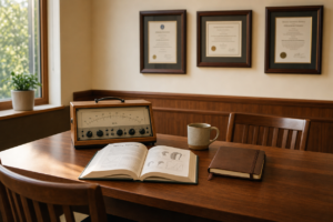 Warm wood-paneled hearing care provider office desk with framed credentials, audiology textbook, and ceramic coffee mug