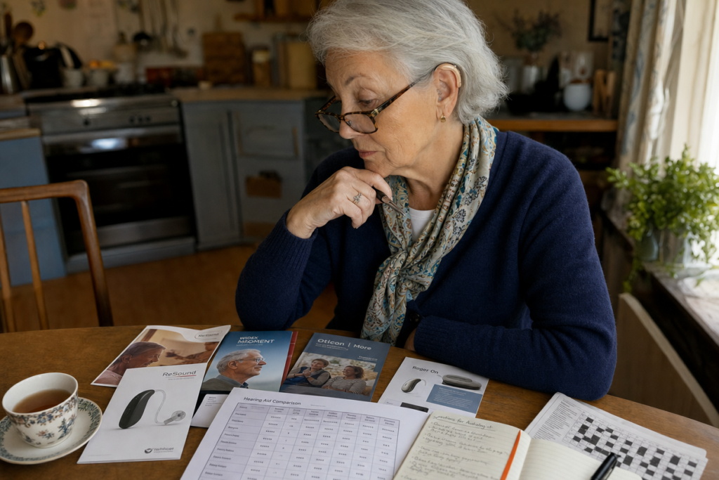 Woman in her late sixties wearing a hearing aid comparing hearing aid brochures spread on her warm kitchen table