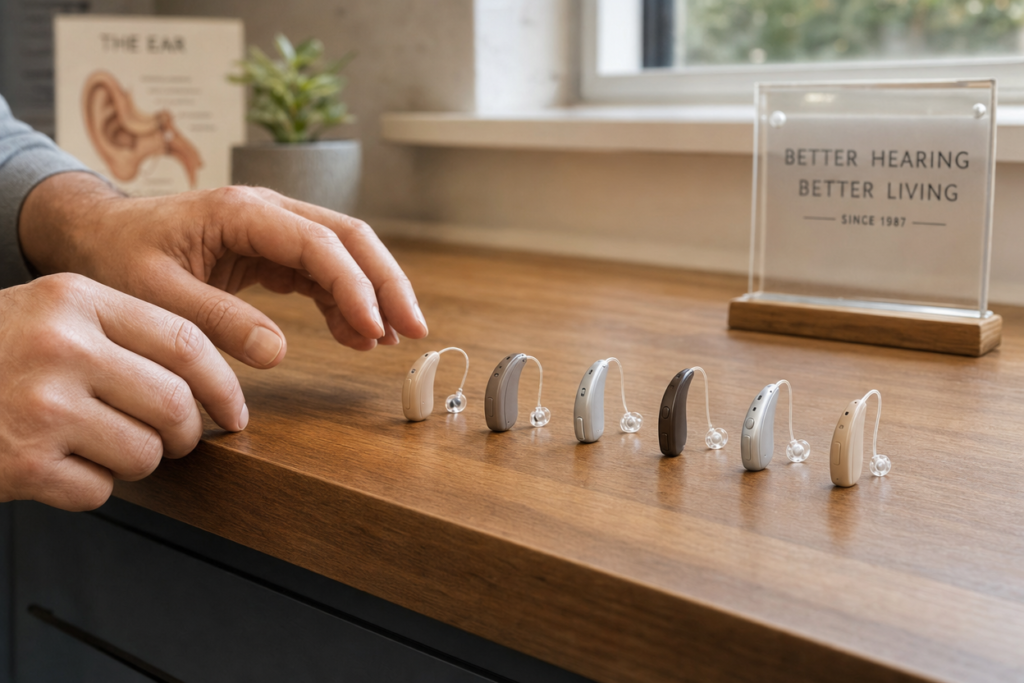 Row of six modern receiver-in-canal hearing aids in different skin-tone colors arranged on a clean wooden counter