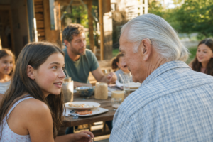 Older man wearing a discreet hearing aid sits at an outdoor family dinner table listening to his young granddaughter speak