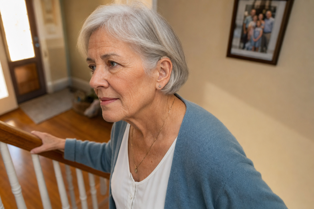 Older woman wearing a hearing aid carefully navigating the stairs of her home with one hand on a wooden banister
