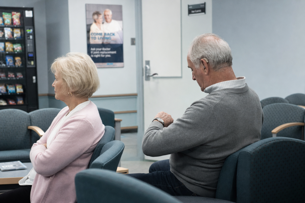 Older couple seated tensely in a sterile clinic waiting room with harsh fluorescent overhead lighting