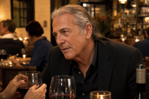 Older man wearing a hearing aid leaning forward at a candlelit restaurant table to listen to his dining companion