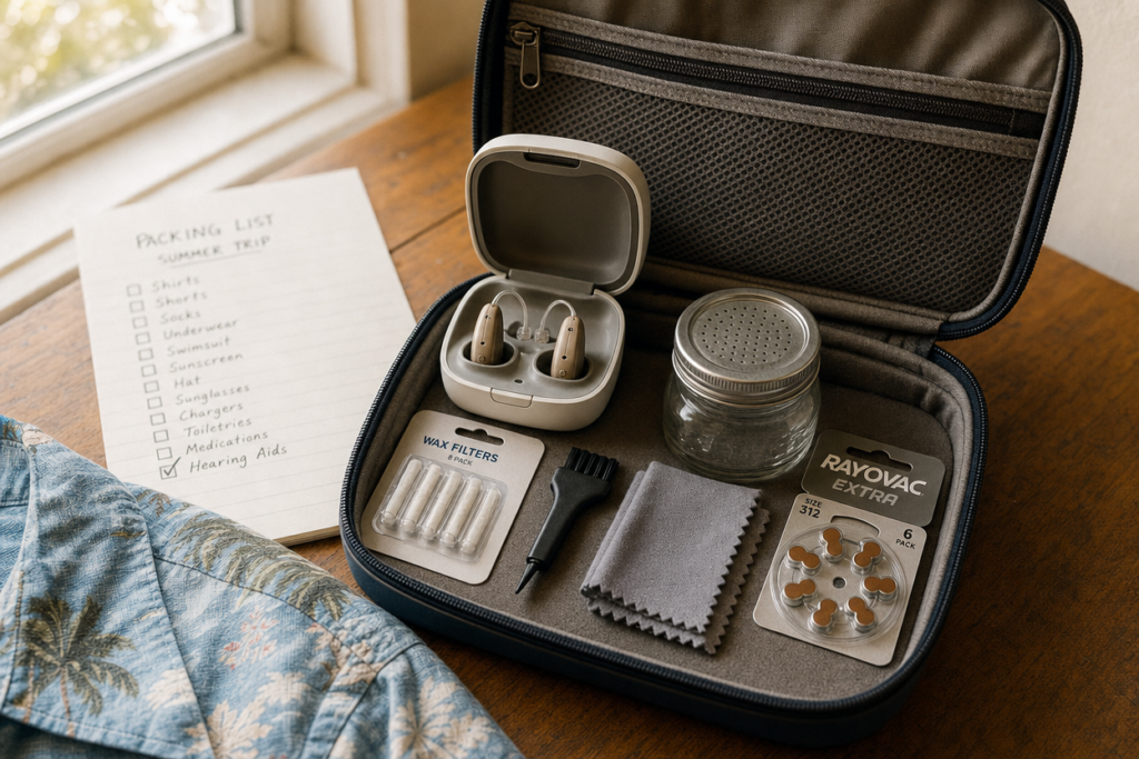 Open travel case on a wooden table holding a hearing aid case, drying jar, wax filters, cleaning brush, and microfiber cloth