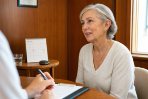 Hearing care provider taking notes across a warm wooden table from a woman in her sixties wearing a hearing aid