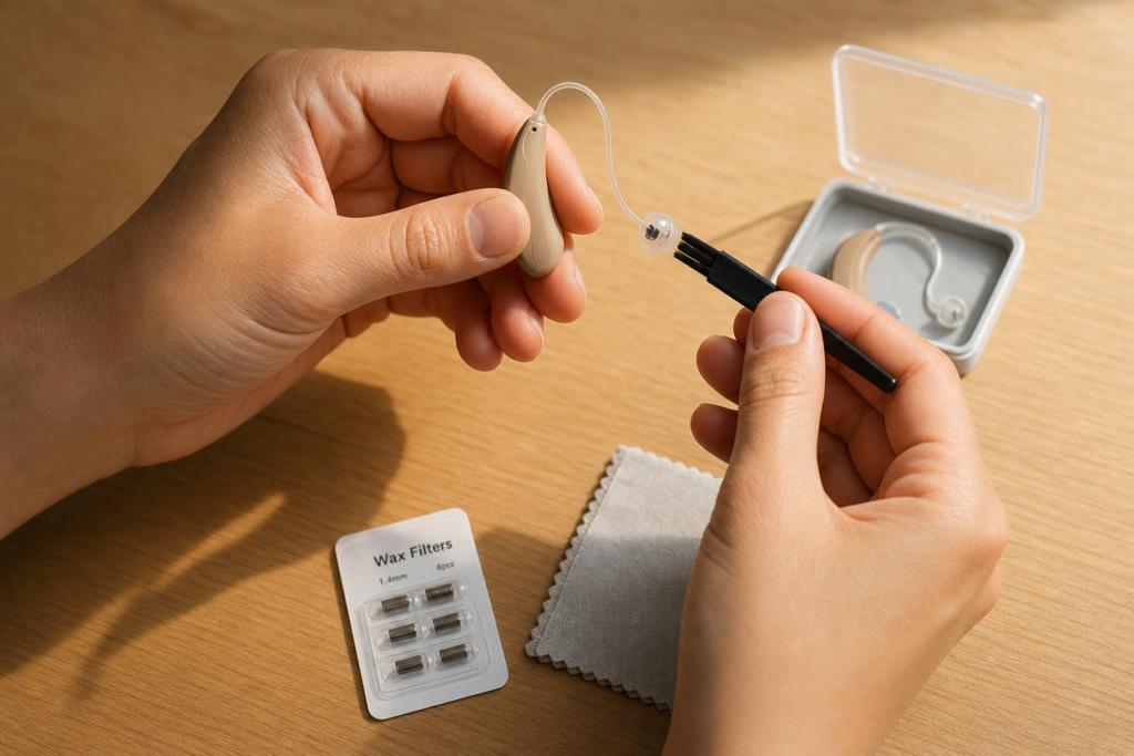 Close-up of hands inspecting a small receiver-in-canal hearing aid with a wax brush and cleaning filters nearby