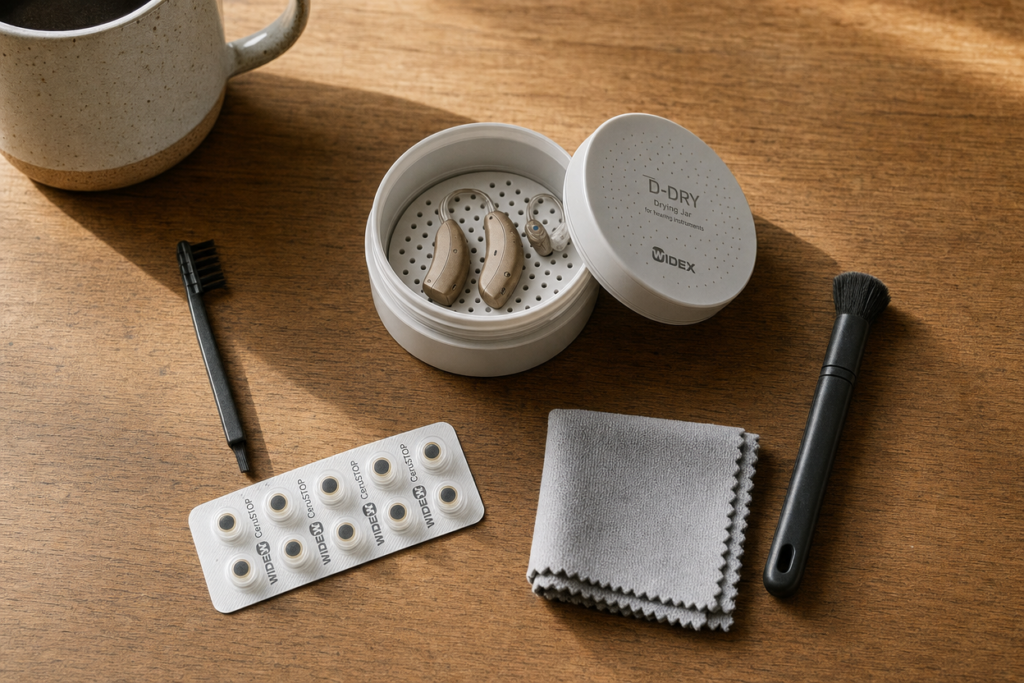Overhead view of a hearing aid weekly maintenance kit laid out on a wooden table with brush, wax filters, drying jar