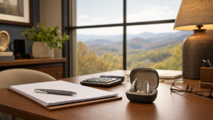 Modern hearing aids beside paperwork and a calculator for a North Carolina financing and insurance consultation