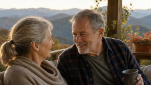 Active Western North Carolina couple wearing modern hearing aids and talking on a mountain porch