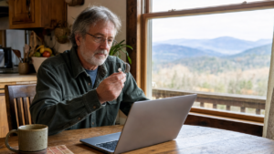 Man in Western North Carolina researching a hearing aid problem online while holding a modern hearing aid