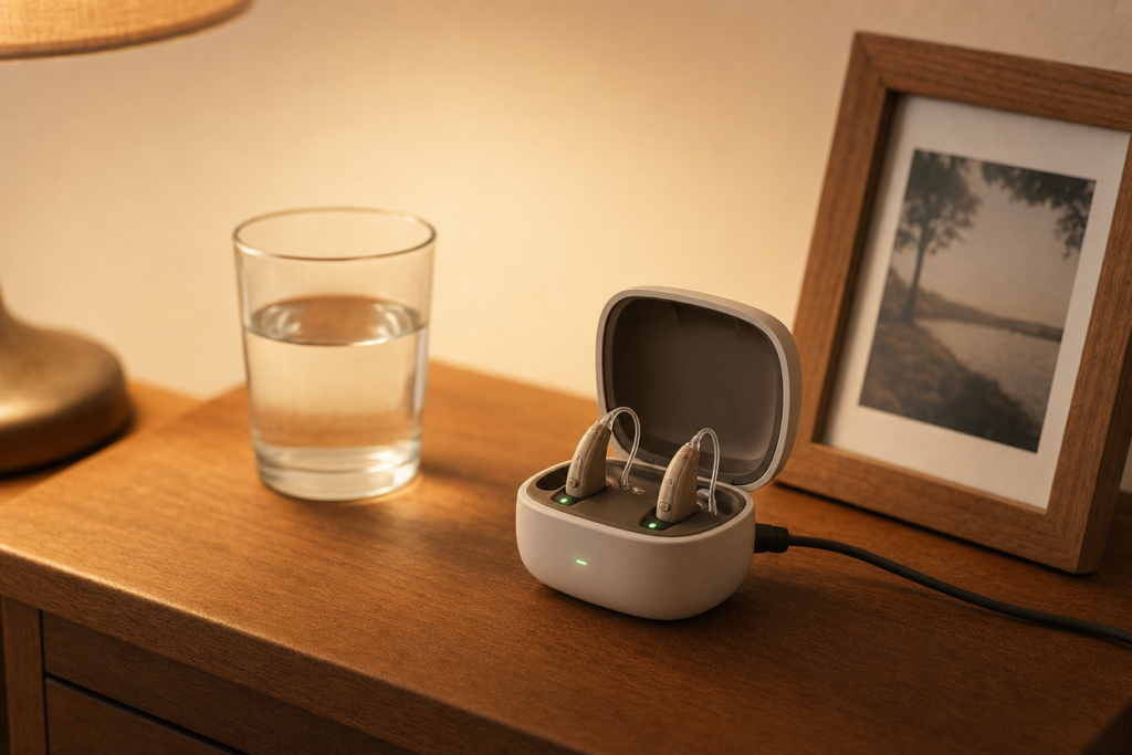 Rechargeable hearing aids and charger on a bedside table