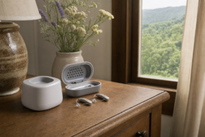 Hearing aids beside a drying system with a Western North Carolina mountain view