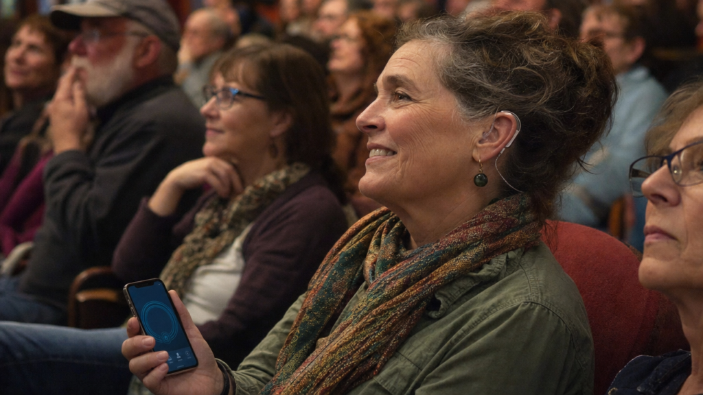 Audience member listening to clear audio in an auditorium