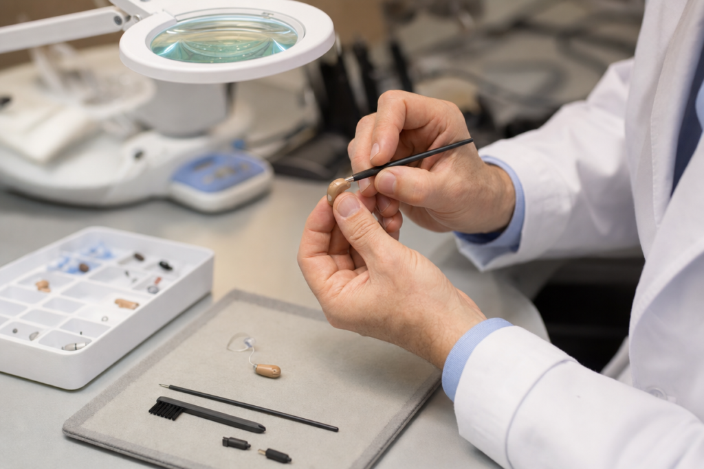 Hearing care professional cleaning a hearing aid at a service bench