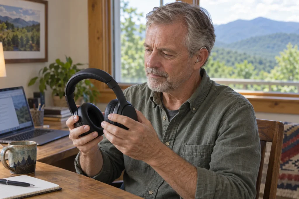 Illustration of a hearing aid wearer checking over-ear headphones before trying them