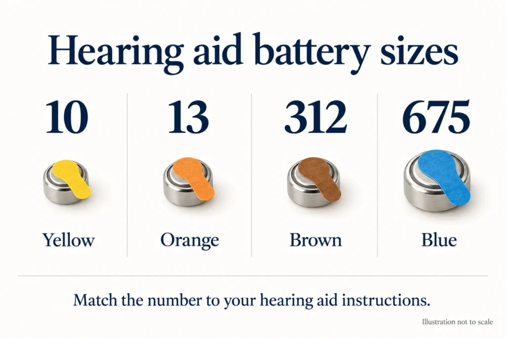 Hearing aid battery colors: size 10 yellow, 13 orange, 312 brown, and 675 blue; not to scale
