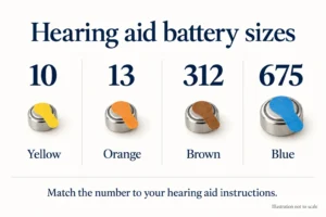 Hearing aid battery colors: size 10 yellow, 13 orange, 312 brown, and 675 blue; not to scale
