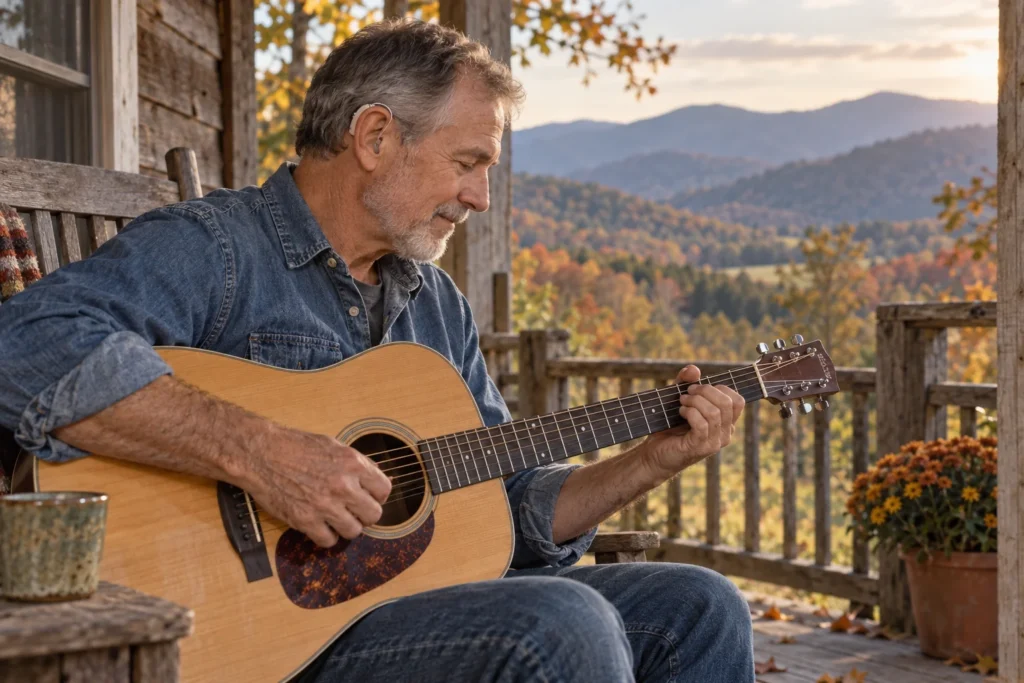 Illustration of a hearing aid wearer practicing acoustic guitar on a mountain porch
