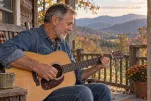 Illustration of a hearing aid wearer practicing acoustic guitar on a mountain porch