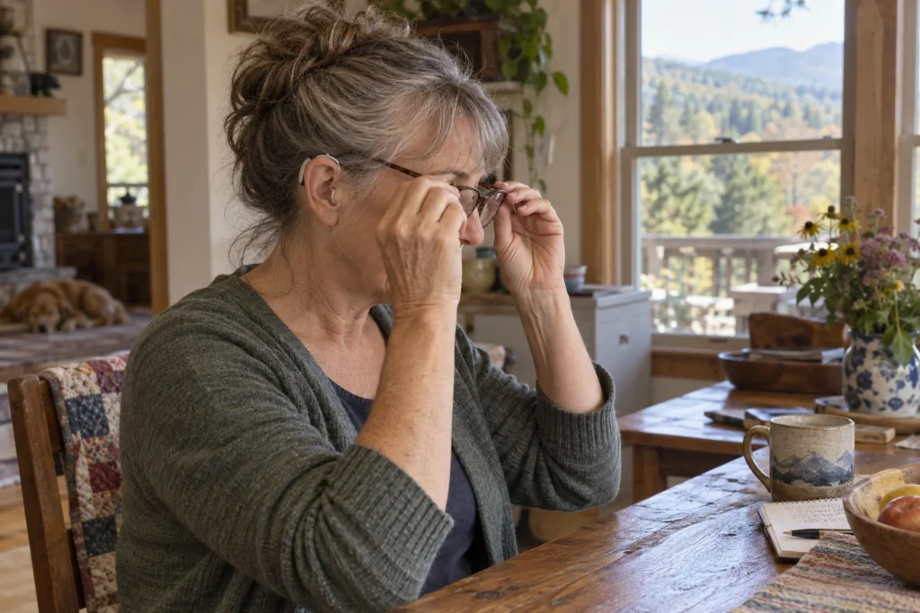 Illustration of a woman checking the fit of her glasses with a hearing aid